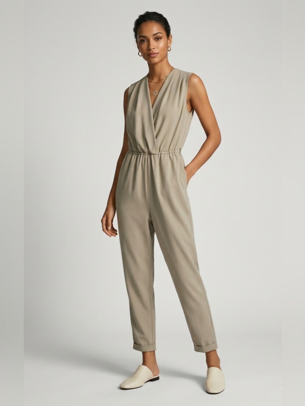 ZARA Sleeveless V-Neck Tan Jumpsuit MED